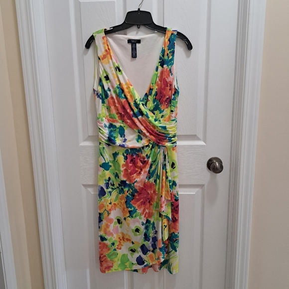 Chaps Floral Dress Faux Wrap Colourful Print Women's Large Sleeveless Dress - Picture 13 of 14